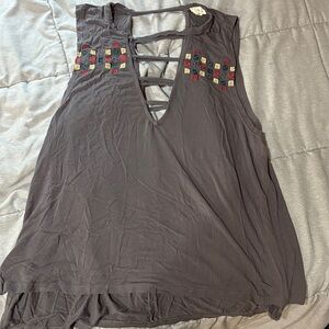Gray Sleeveless Top with Colorful Accents
